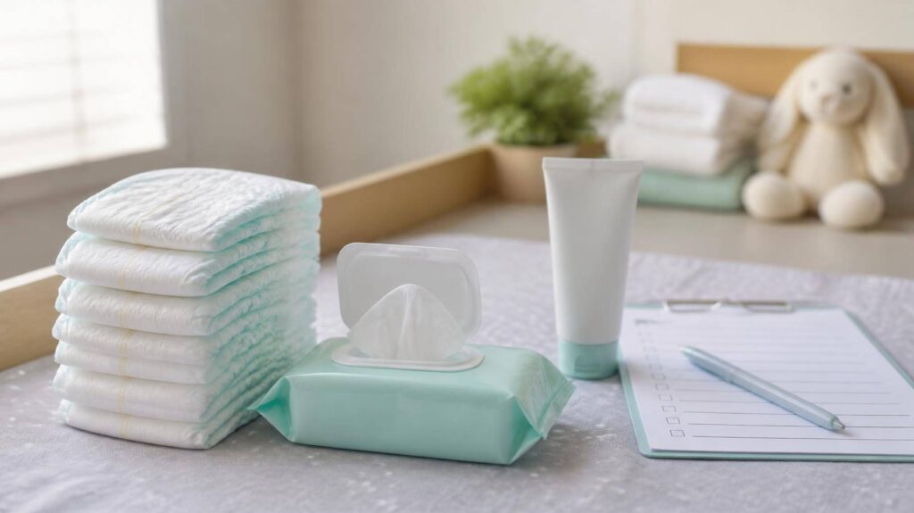 Mesa de troca de fraldas com fraldas, lenços umedecidos, creme preventivo e checklist em ambiente iluminado naturalmente