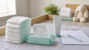 Mesa de troca de fraldas com fraldas, lenços umedecidos, creme preventivo e checklist em ambiente iluminado naturalmente